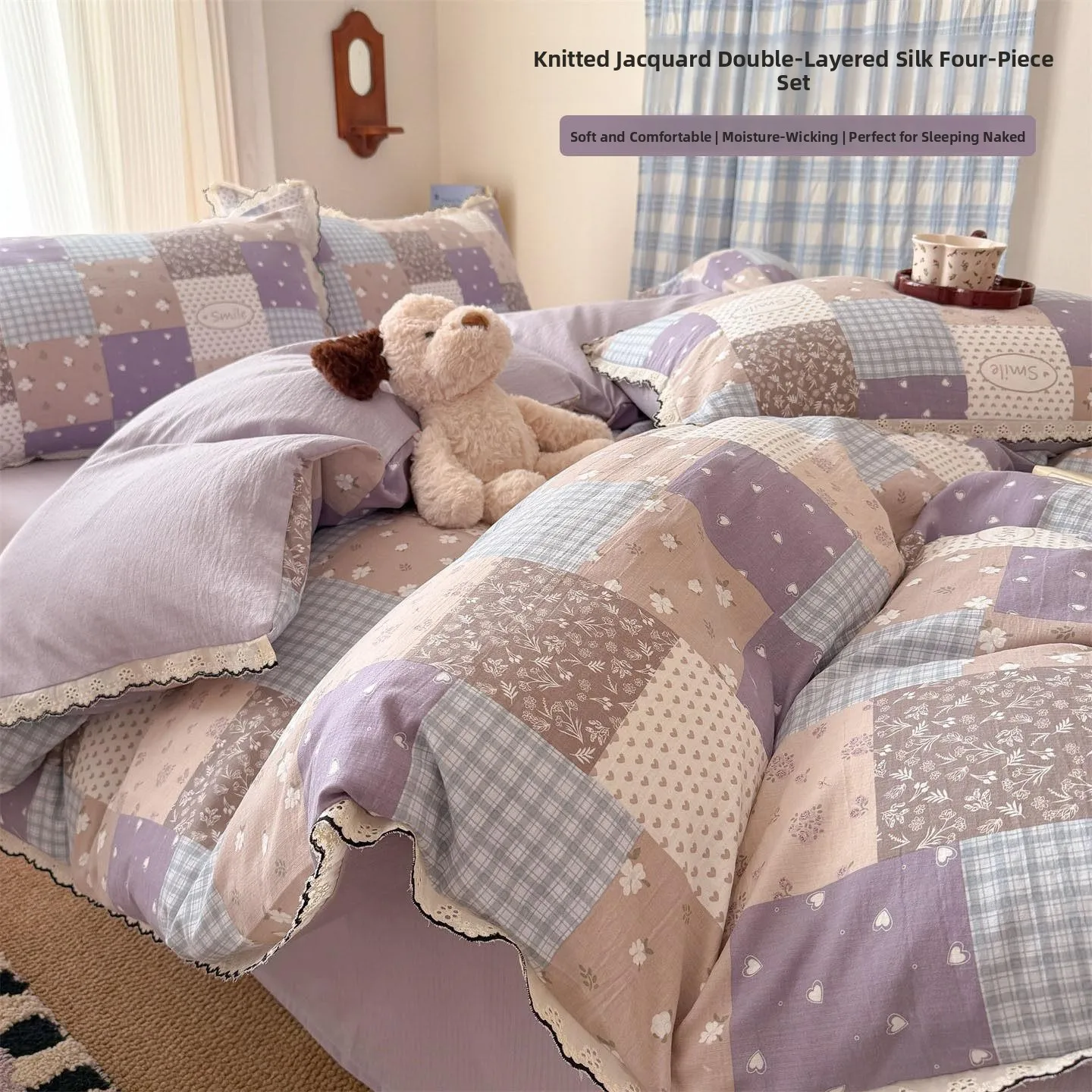 

Korean Style Country Floral Knitted Embroidered Double Layer Lace Trim Four Piece Set Dormitory Three Piece Set Bedding