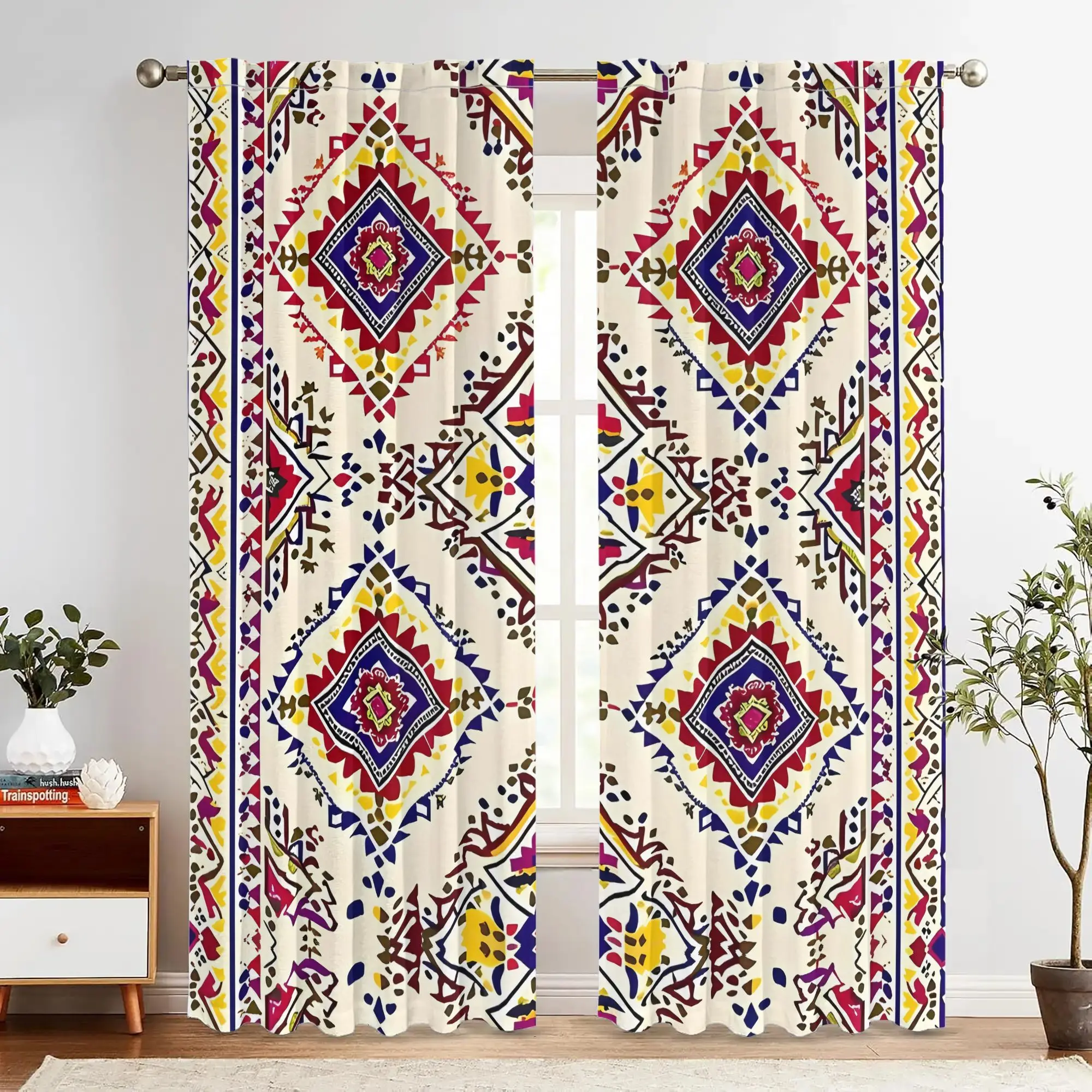 National style diamond-shaped curtains, pole-mounted installation. Suitable for living rooms, bedrooms, dining rooms and hotels