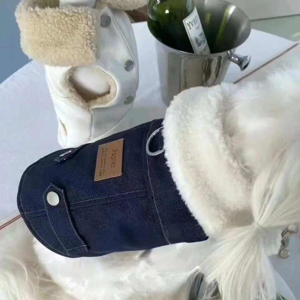 Pet Lamb Fur Coat Traction Thick Jacket Dog Small Cotton Coat Pet Clothes Lamb Plush Bear Pet Denim Dog Clothes for Small Dogs