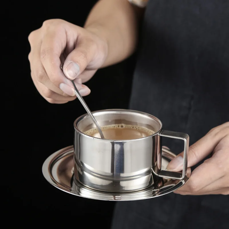 Stainless steel reusable ecological custom tea coffee cup tea saucer set with spoon