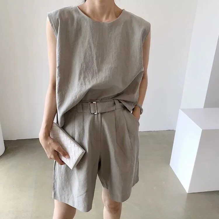 Chic Retro Faion Cotton Linen Svel Vest Top Loose orts Two Piece Set Women's round Ne Pullover Summer Outfit