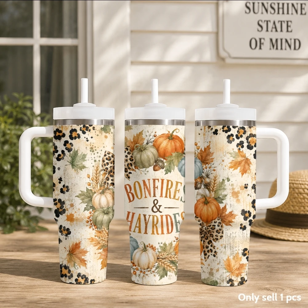 Autumn Leopard Pumpkin Vacuum Flasks 40oz Stainless Steel Insulated Tumbler with Handle & Straw Leakproof Travel Mug