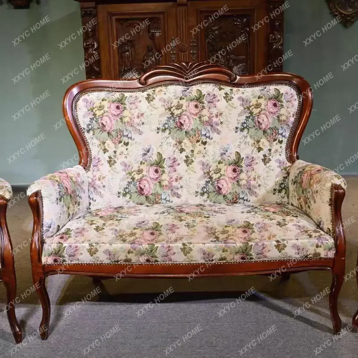 pastoral solid wood vintage single sofa floral lounge chair reception chair