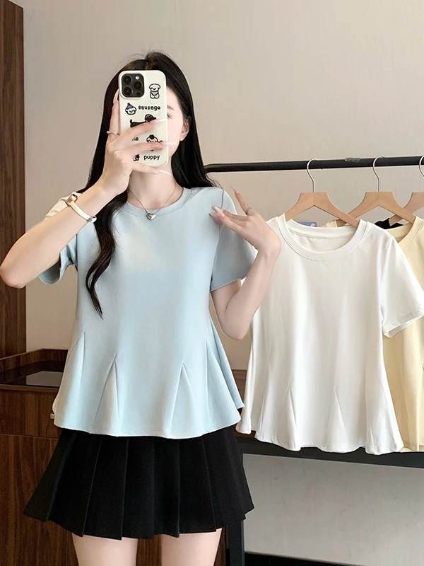 

plus Size Women's Fish Tail Short Sleeve T-Shirt Stylish Summer Slimming Top High Waist Flattering Korean Style Commute Fashion