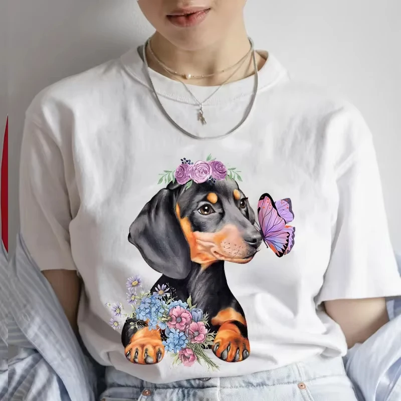 Fashion Cartoon Dachshund Clothes Graphic Dog Lover Print T Shirt for Women Casual Crew Neck Short Sleeve Plus Size Tshirt Women