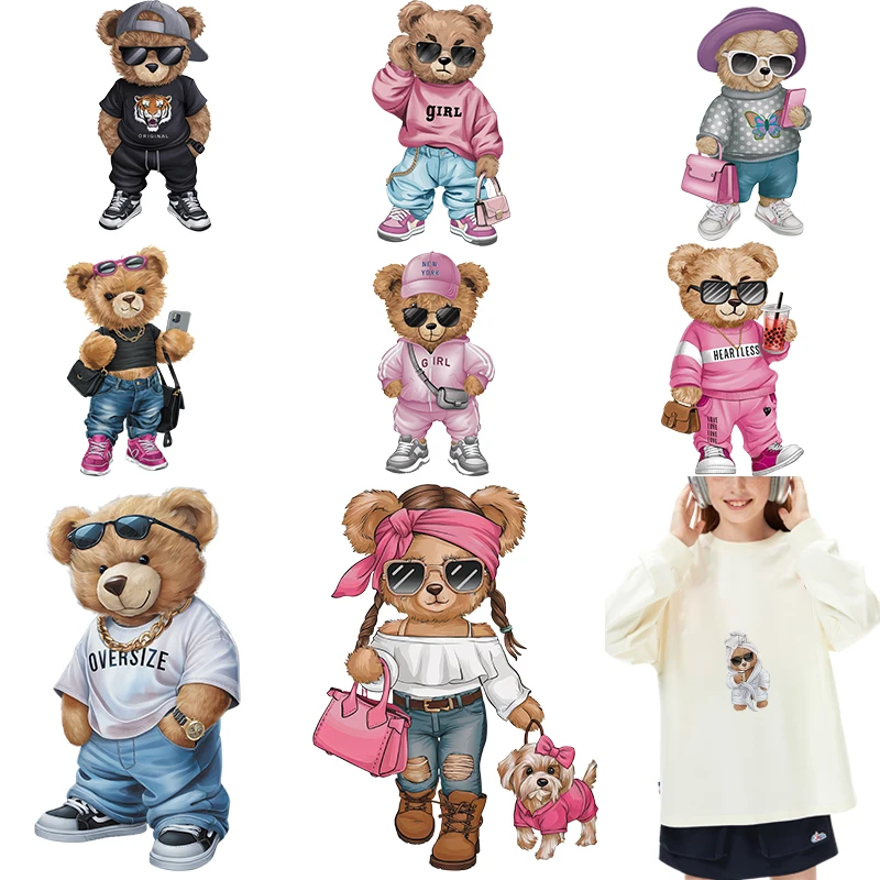 Fashionable Teddy Bear Iron-on Transfers for Clothing Patches Dtf Transfers Ready to Press Clorhing Stickers Iron-on Patch