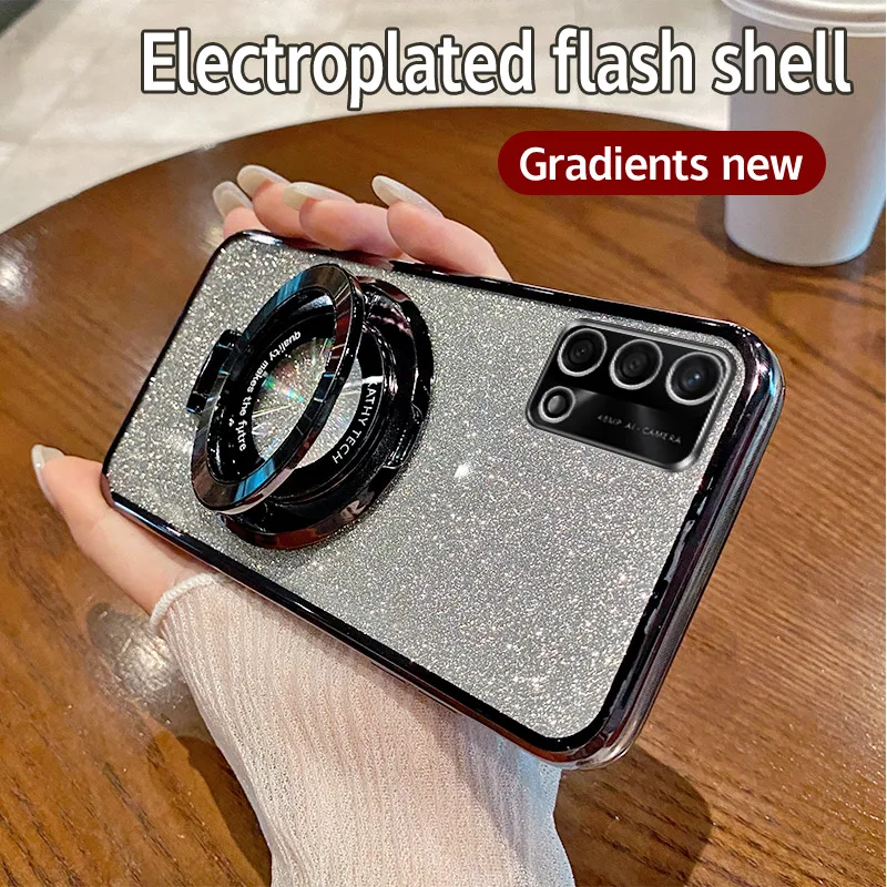 For OPPO A74 4G Casing Electroplating Soft Glitter TPU Phone Back Luxury Cover OPPO A95 4G CPH2219 Phone Case Bracket Magnetic image 4