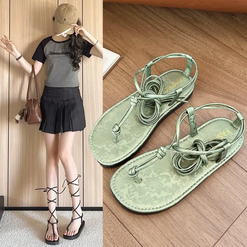 

Summer Casual Roman Women Sandals Cross-Strap Tall Knee High Thong Designer Narrow Band Flat Sandals Flip Flops Shoes Plus Size