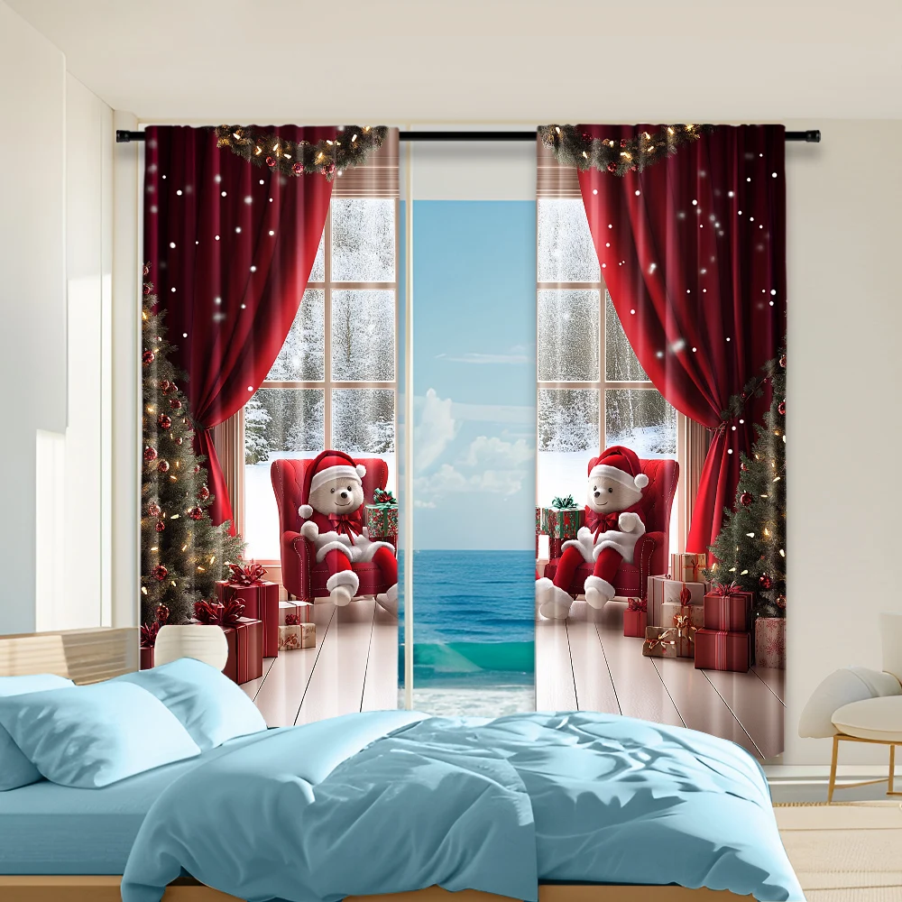 2Pcs Christmas Themed Window Curtains Gift Box And Bear Design Polyester Material Drapes For Bedroom Living Room Office Decor
