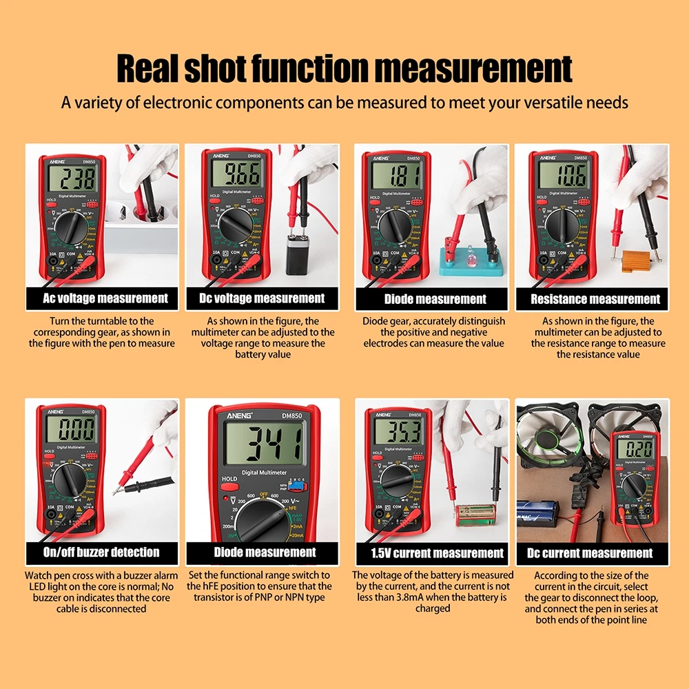 ANENG DM850 Digital Multimeter AC/DC Votage Tester Current Ohm Ammeter Detector Tools 1999 Counts