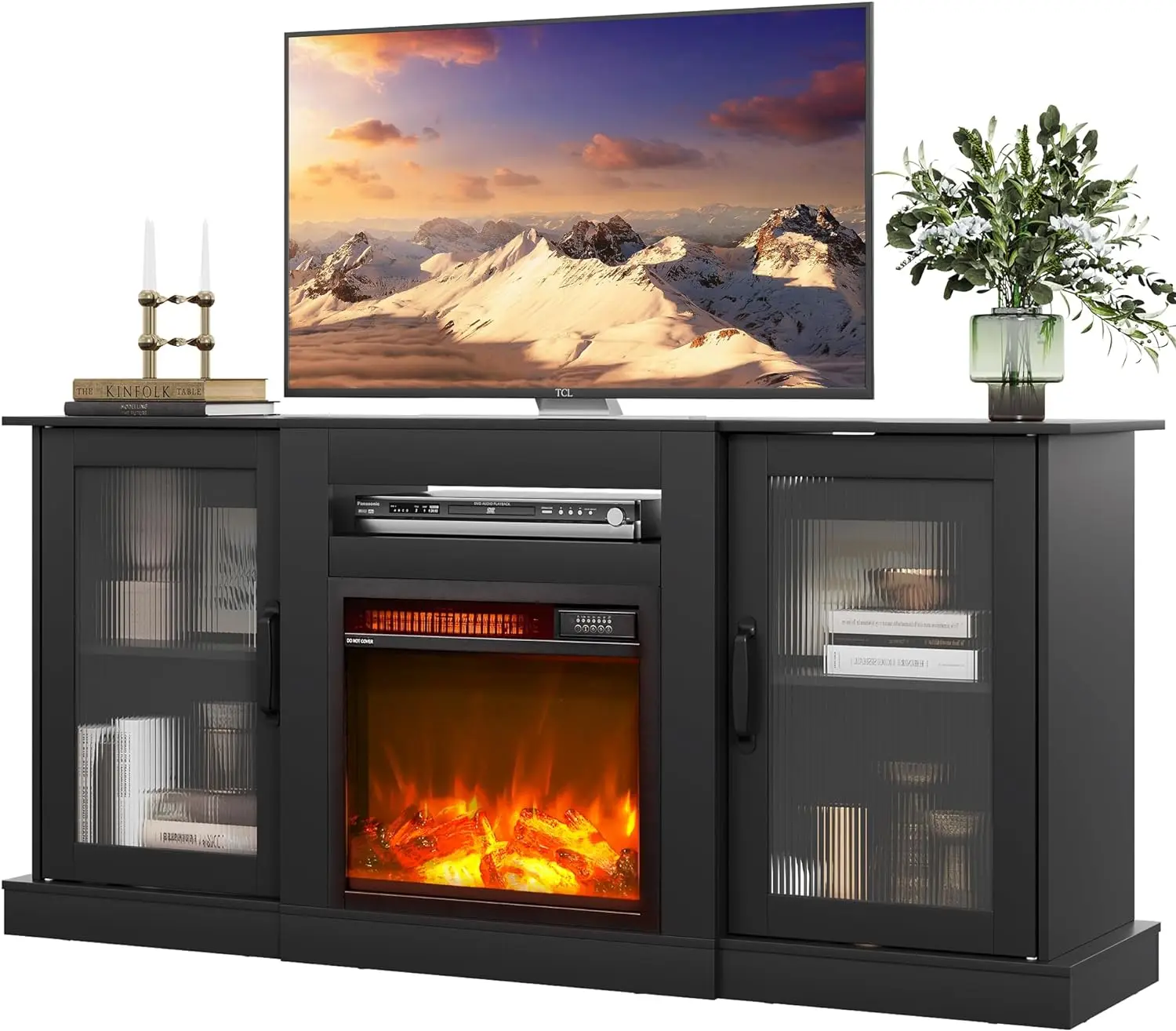 

Fireplace Retro TV Stand for 65 inch TV, TV Console Cabinet with Storage, Open Shelves Entertainment Center for Living Room