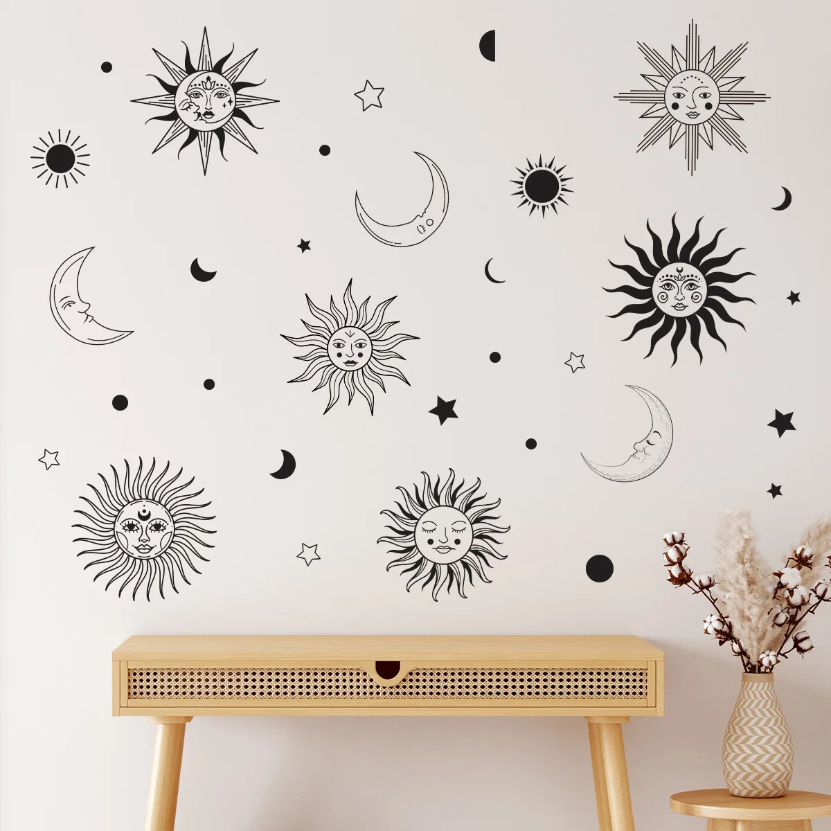 Creative Boho Sun Moon Face Wall Stickers Peel and Stick Vinyl Bohemia Art Wall Decals for Bedroom Living Room Study Decoration