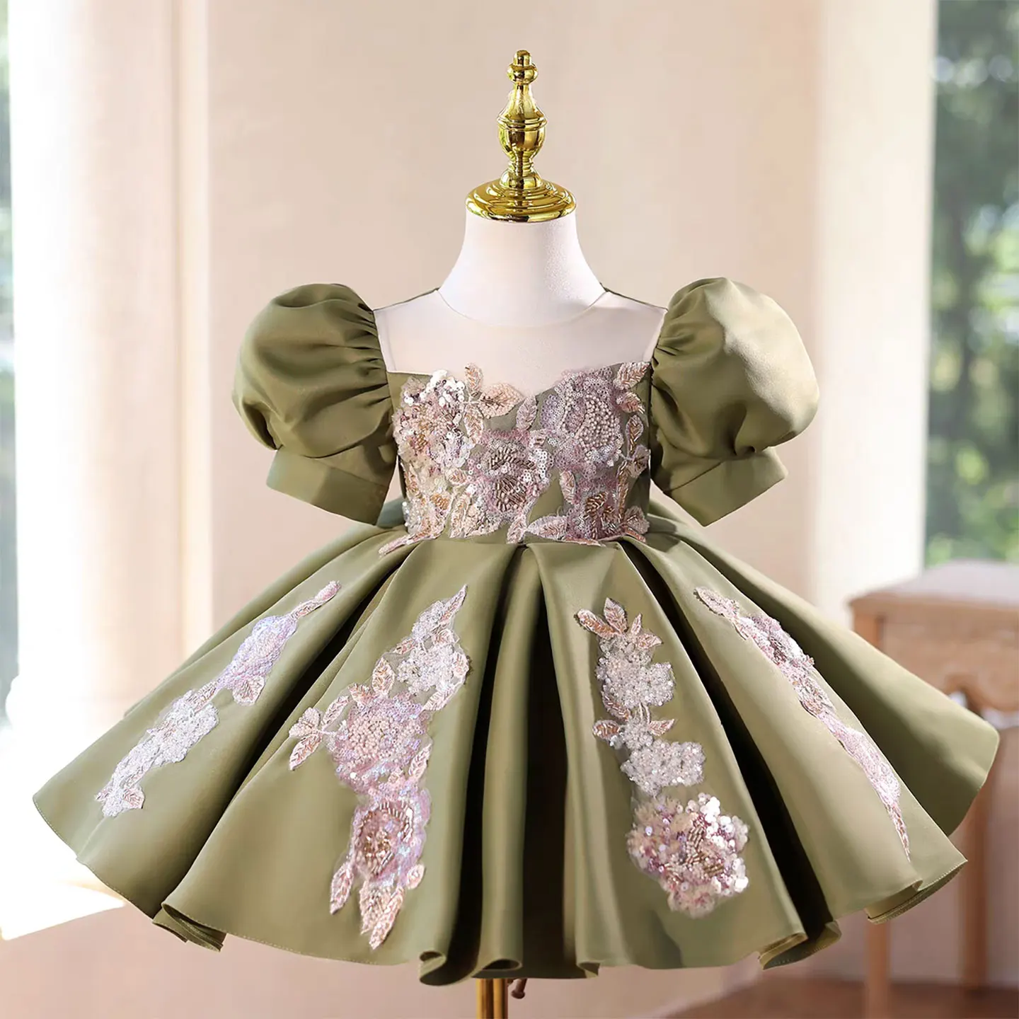 Dreamy Vow D107 Olive Green Satin Girl Dress Embroidery Children Wedding Birthday Party Festival Princess Knee-Length Prom Dress