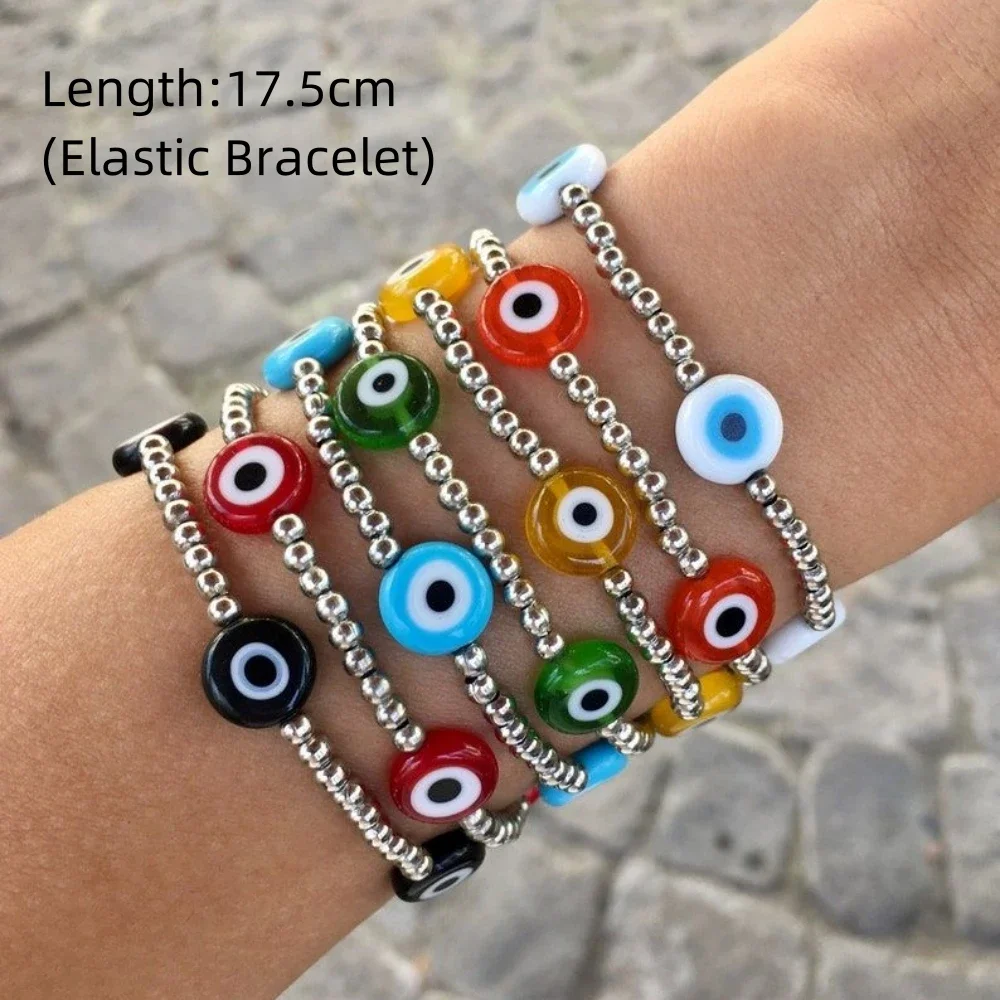 CCGOOD Multicolor Evil Eye Bracelet for Women Stackable Silver Color Bead Summer Pulseras Stretchy Summer Bracelets Boho Jewelry