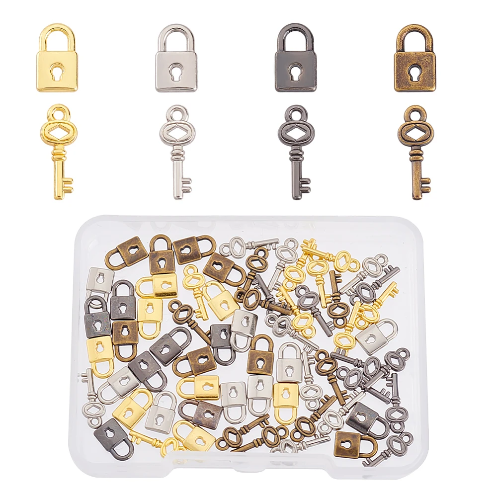 64 Pcs 8 Styles Mini Alloy Lock Key Charms Super Tiny Lock Pendants Mini Metal Lock Keys Mixed Color Accessories for Jewelry