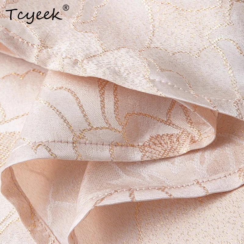 تنورة Tcyeek صيفية 100% من حرير التوت، تنورة نسائية من قماش الجاكار المغزول بخصر مطاطي وفتحة مستقيمة الساق، تنورة صيفية جديدة لعام 2025 D55623JF