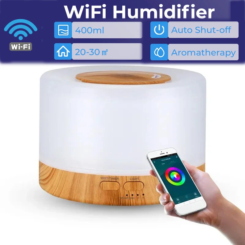 

Smart WiFi 500ml Aromatherapy Essential Oil Diffuser Air Humidifier, Connect with Tuya, Alexa and Google Home with 7 LED Colors