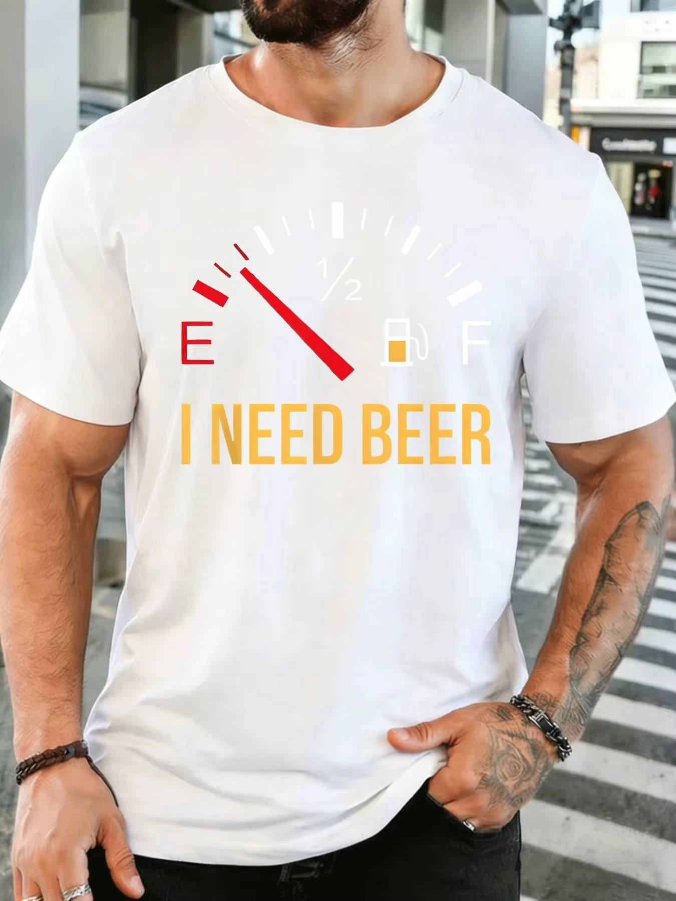 2026 New Men Fuel Gauge I Need Beer Funny Slogan Graphic Cotton Short Sleeve Tee Crew Neck Soft Male Summer Casual Street Top