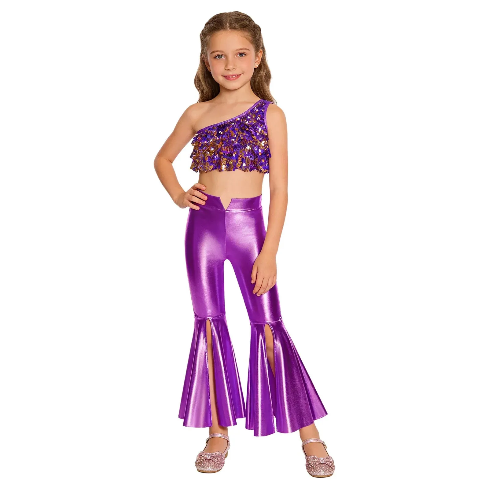 

Kids Girls 2pcs Sequins Disco Jazz Dance Performance Outfit Shiny Tiered Ruffles Sleeveless Crop Top and Split Bell-Bottom Pants