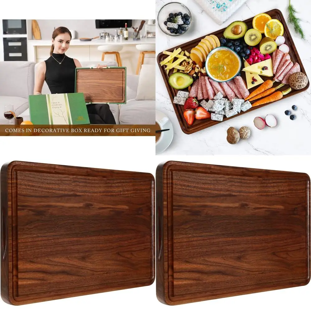 

Large 17x11 Walnut Chopping Board with Deep Groove and Side Handle, Thick Butcher Block Kitchen Gift for Wife or Mom