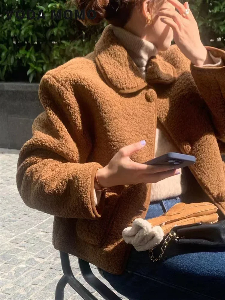

Women's Winter Sweet Korean stytle Warm Harajuku Plush Coat Lamb Fur Jacket Doll Collar Single Breasted Short Outerwears 2024