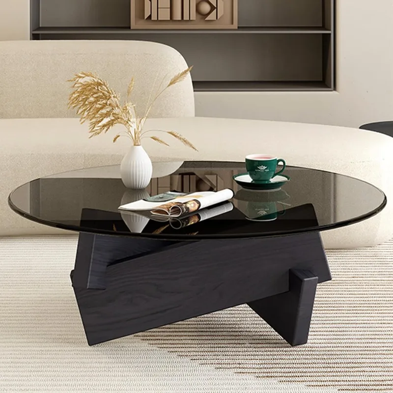 

Coffee Table,Round CoffeeTable for Living Room Modern Glass Coffee Table with Solid Wood Legs (Walnut + Transparent, 31.5in)