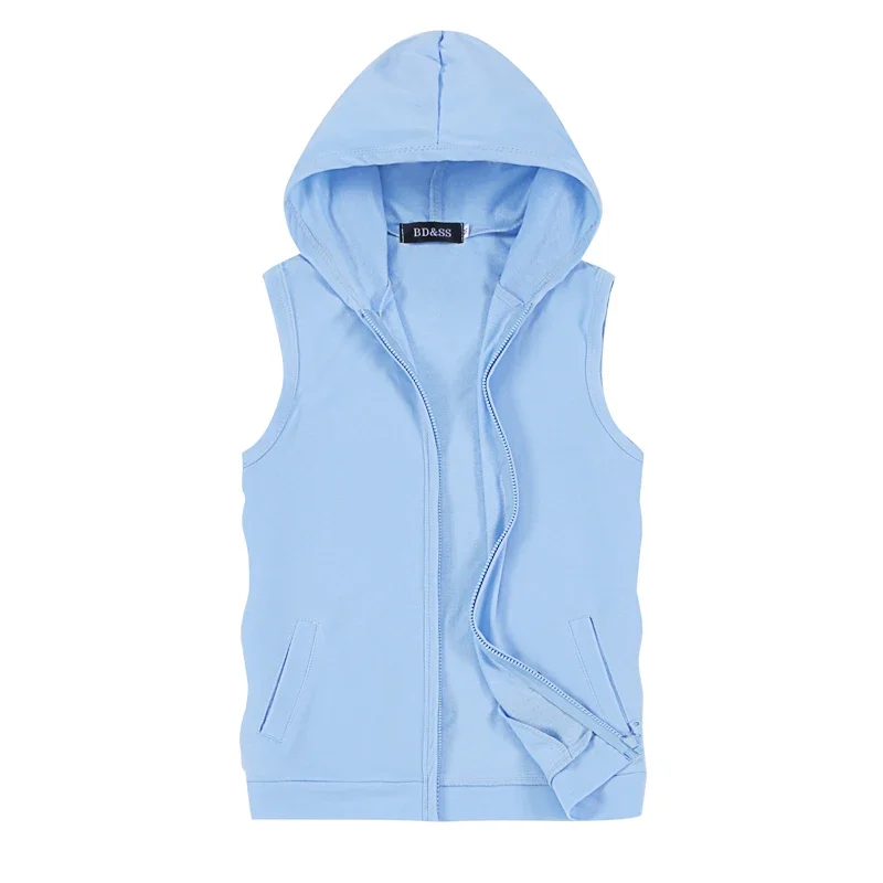 Summer Men Hooded Sleeveless Jacket, Asian Size Black Vests, Blue, White, Gray Zipper Control Mens Casual Coat Slim Fit Tops