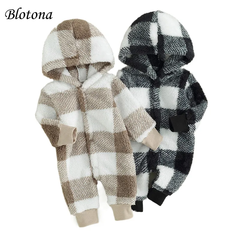 

Blotona Baby Boys Autumn Winter Casual Hooded Romper Long Sleeve Button Down Plaid Pattern Warm Jumpsuit 0-18Months