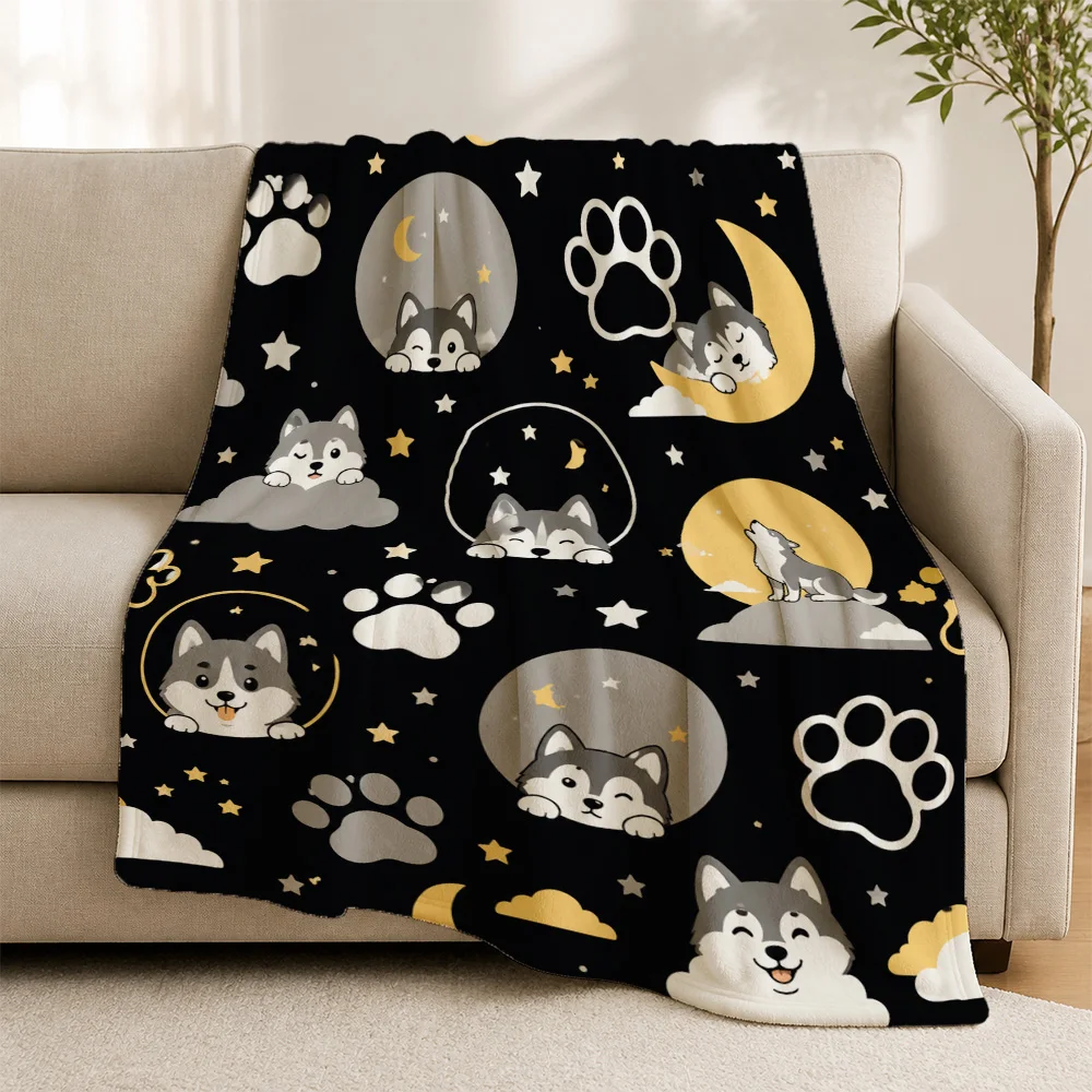 Cozy Dog Print Throw Blanket Black Background Star Moon Puppy Lover Plush Fleece Sofa Decorative Home Decor Gift for Pet Lovers