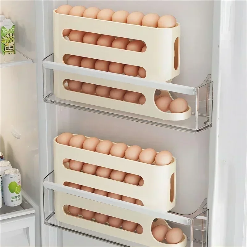 4 Layers Automatic Rolling Egg Holder Rack Large Capacity Organizer Storage Box for Refrigerator Egg Dispenser 30 Eggs