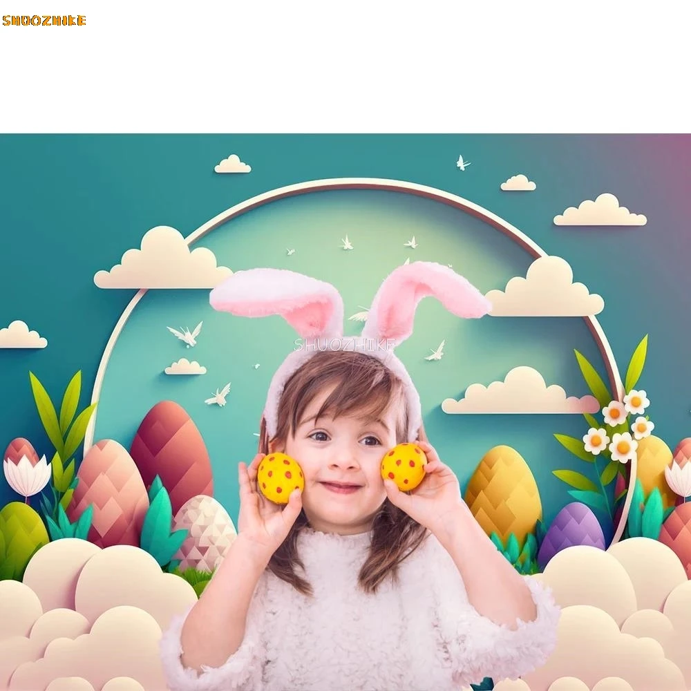 Happy Easter Backdrop Photography Spring Bunny Eggs Flowers Garden Baby Portrait Photocall Background for Photo Studio