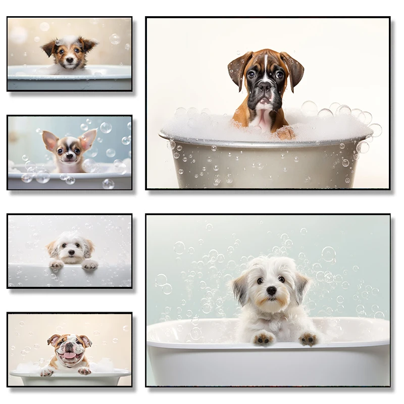 Cartoon Abstract Beautiful Cute Animals Hajimi Dog Bubble Bathtub bath Posters Canvas Prints Art Home Room Bathroom Wall 
