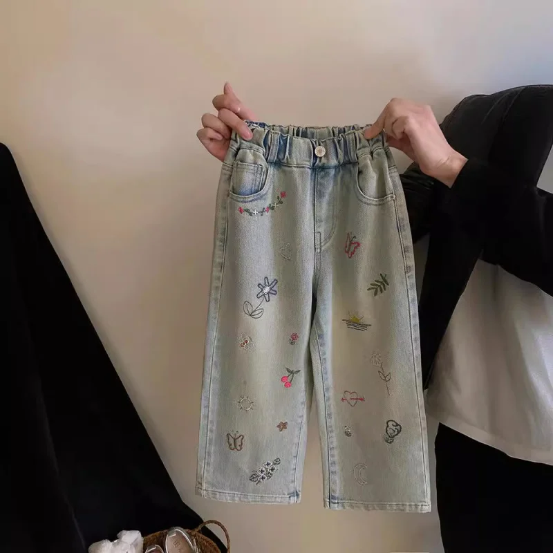

1-8Y Baby Girls Graffiti Jeans Trousers for Children's Clothing Princess Kids Embroidered Loose Straight Casual Pants