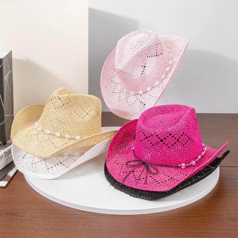 

Summer New Women Cowboy Hat Unisex Hollow Out Solid Color Curled Edge Strap Jazz Hat Decorative Vintage Braided Lafite Straw Hat