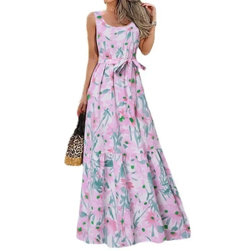 New Women's Spring Summer Elegant Square Neck Sleeveless Printed Long Dress Fashion Leisure Beach Vacation Belt Long Dress