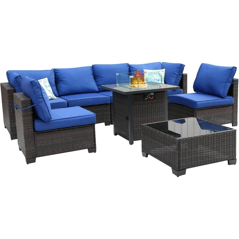 

8 Pcs Rattan Wicker Patio Furniture Set with 28" Gas Fire Pit Table, Coffee Table, Armless Seats, Sectional Furniture Chair Set