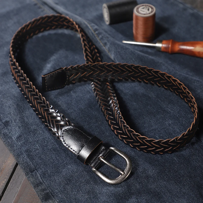 Hand-woven belt for men and women, summer decoration, large size versatile belt without holes, brown belt, extended trend.