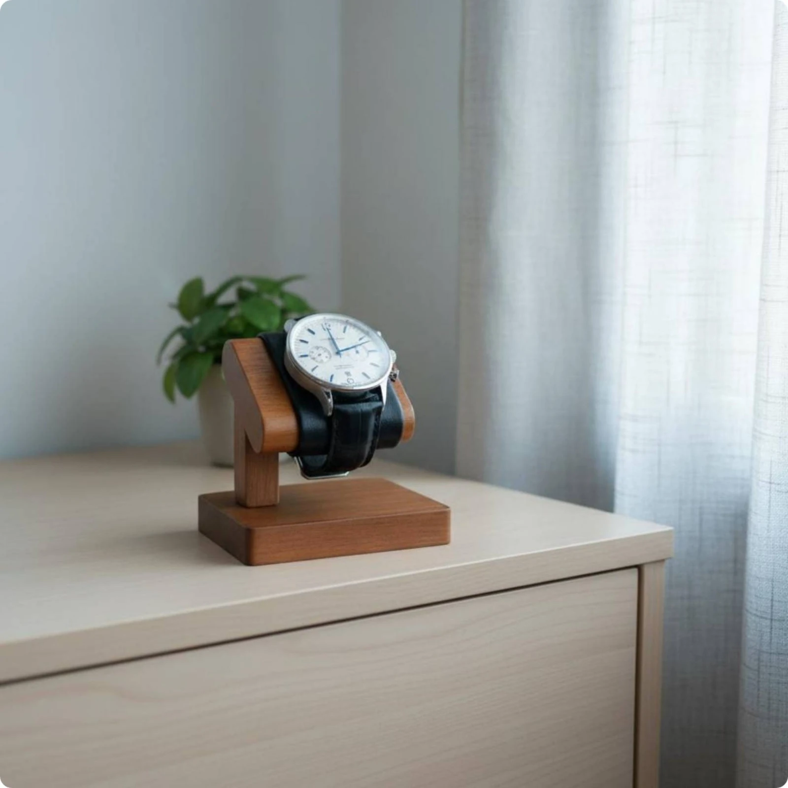 Wooden Watch Display Stand Padded Single Watch Stand Storage Piece Curved Top Rectangular Base