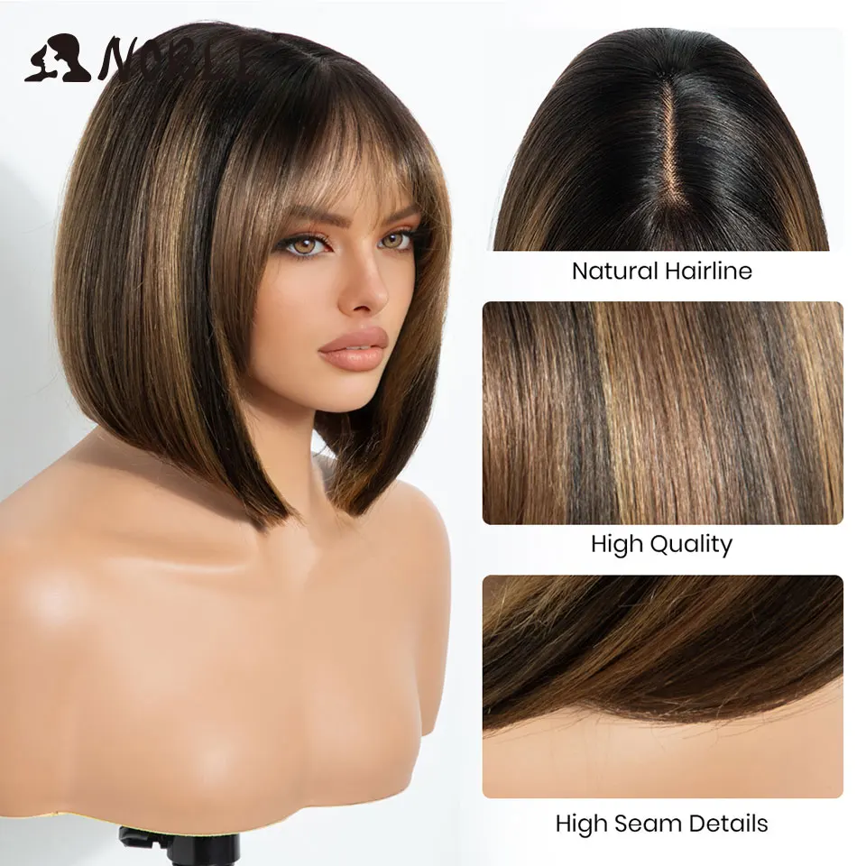 NOBLE 10 Zoll lange, gerade, synthetische Perücke mit Lace-Front und Pony, kurze Bob-Perücke für Damen, Ombré-Braun, hitzebeständig, für den täglichen Gebrauch. – Detail 5