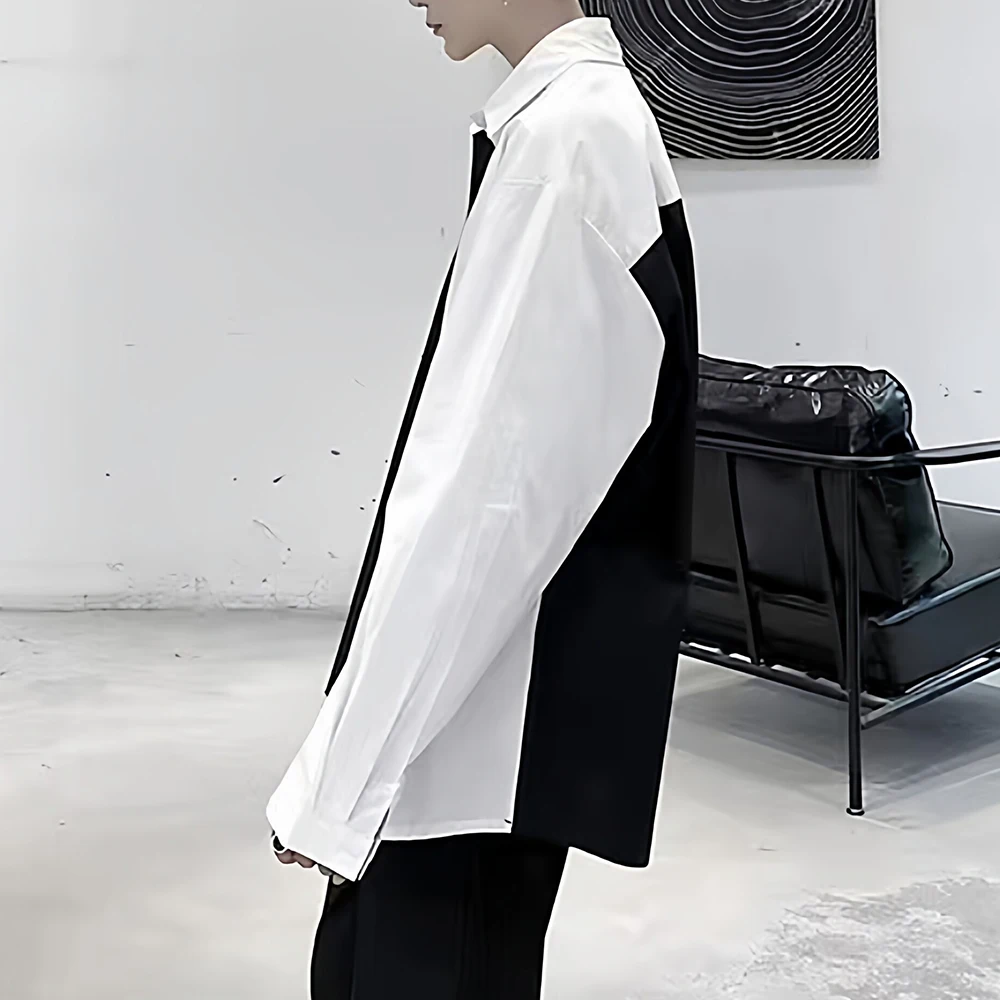 Mens Black White Patchwork Dark Irregular Shirt Autumn Streetwear Fashion Nightclub Stage Niche Loose Long-Sleeve Top Men'S Wear