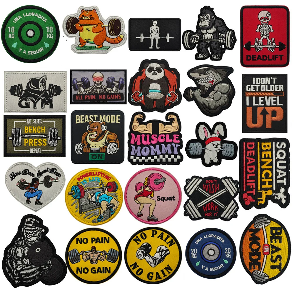 Embroidered Rabbit Weightlifting Fitness Badge Patches for Jackets or Backpacks Hook and Loop Patch