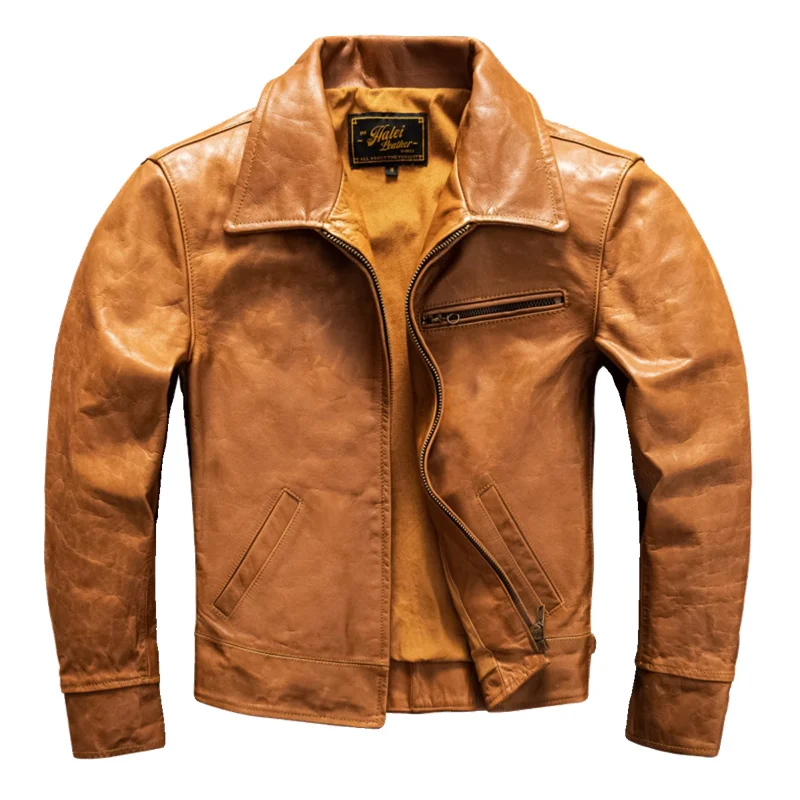 Yellow Autumn Leather Jacket Men Japan Casual Style Plus Size 4XL Natural Cowhide Slim Fit Short Genuine Leather Coat