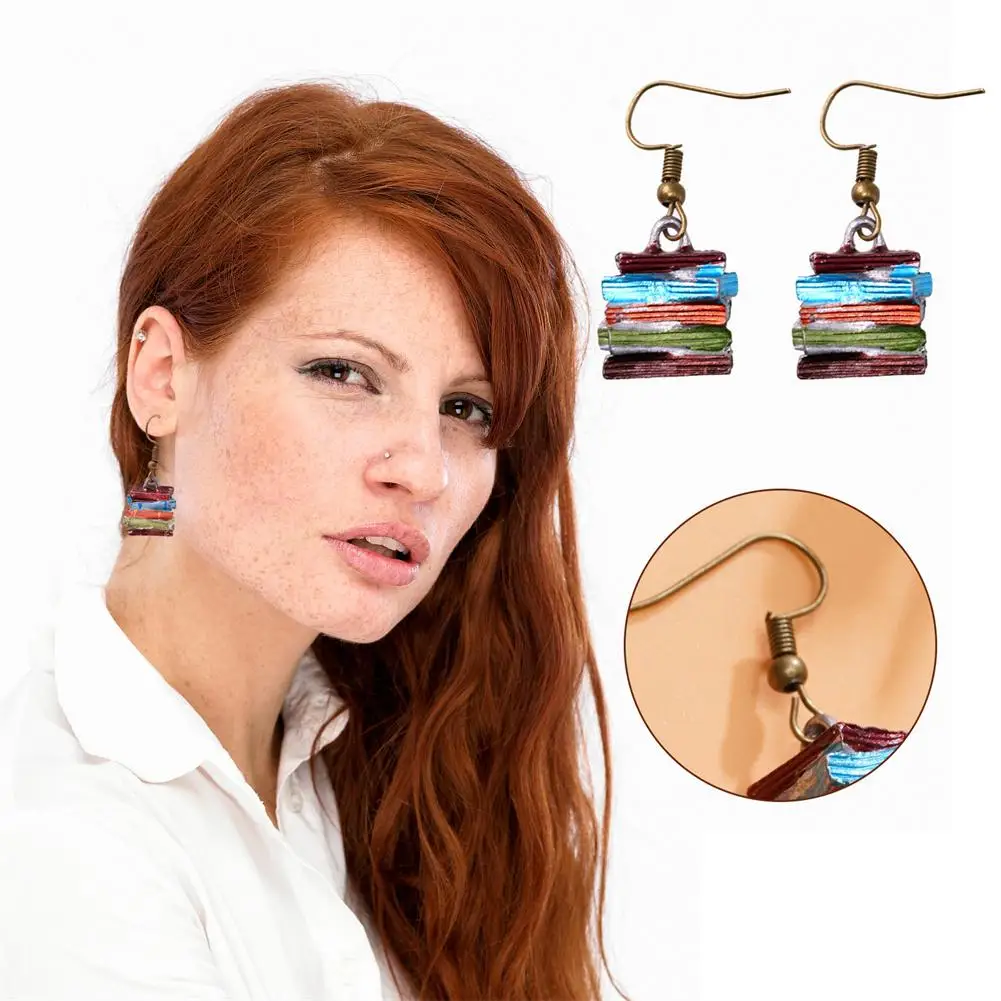 School Retro Library Pile Of Books Earrings Multicolor Anniversary Woman Earrings Fashion Jewelry Fashion Holiday Books Jew U8I4