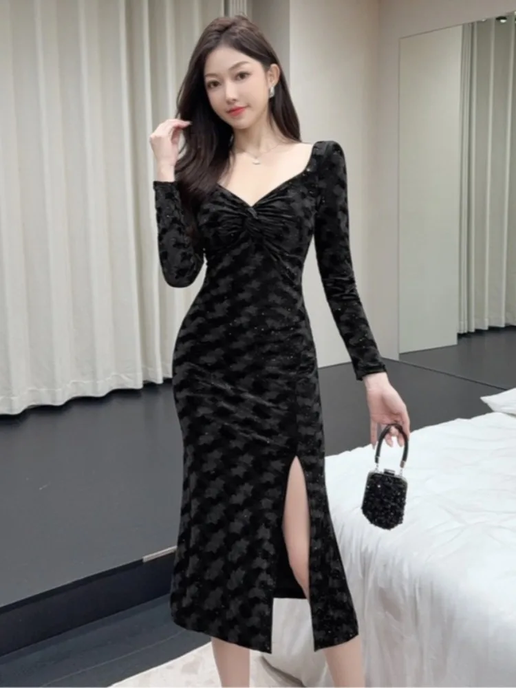 

Сексуальное бархатное длинное све V-Ne с низким вырезом в стиле ретро, облегающее платье с высокой талией и разрезом, базовый слой Dr для женщин, осень-зима, мода