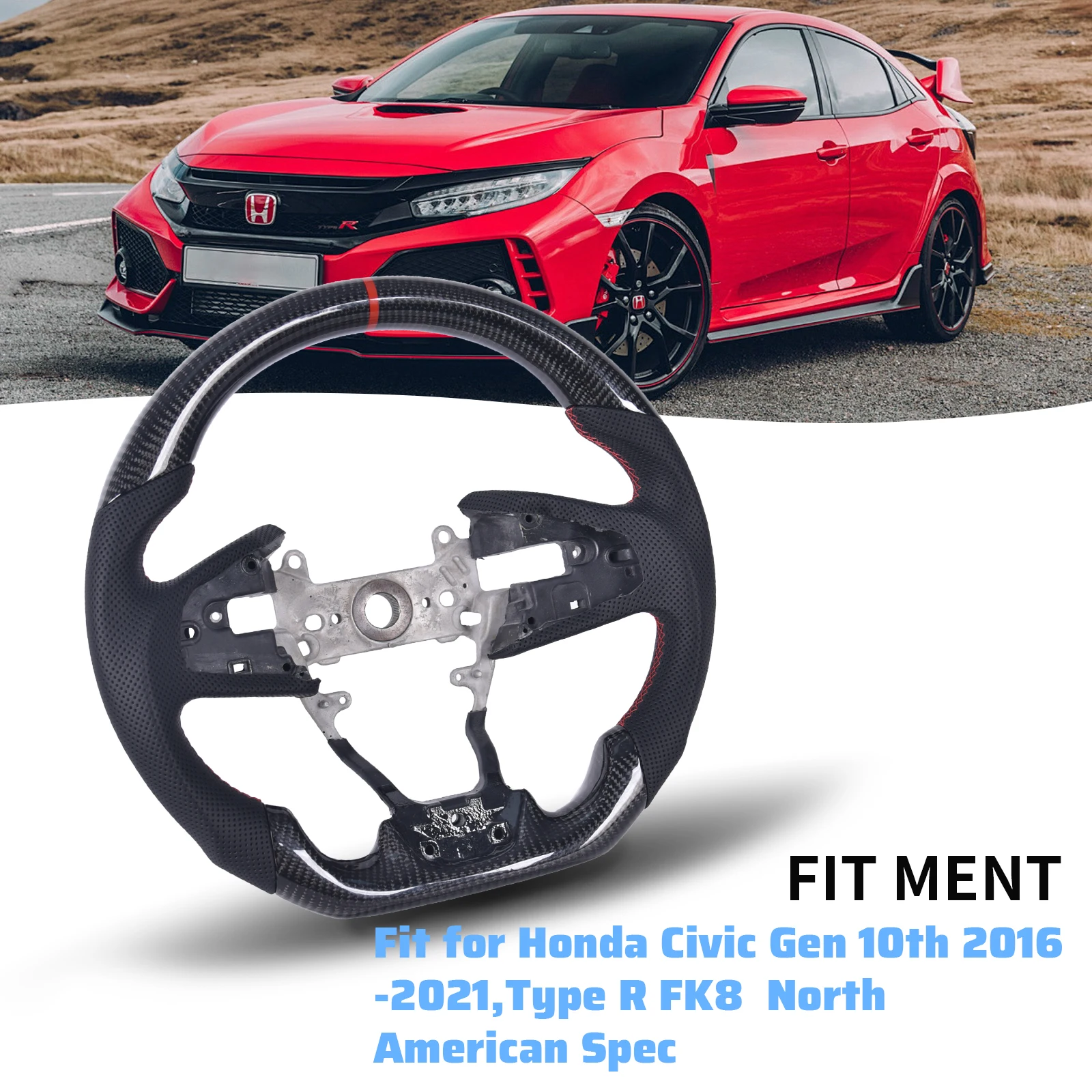 

Steering wheel Perforated Leather Steering Wheel Carbon Fiber, Compatible With 2016-2021 Honda Civic Gen 10th Type R