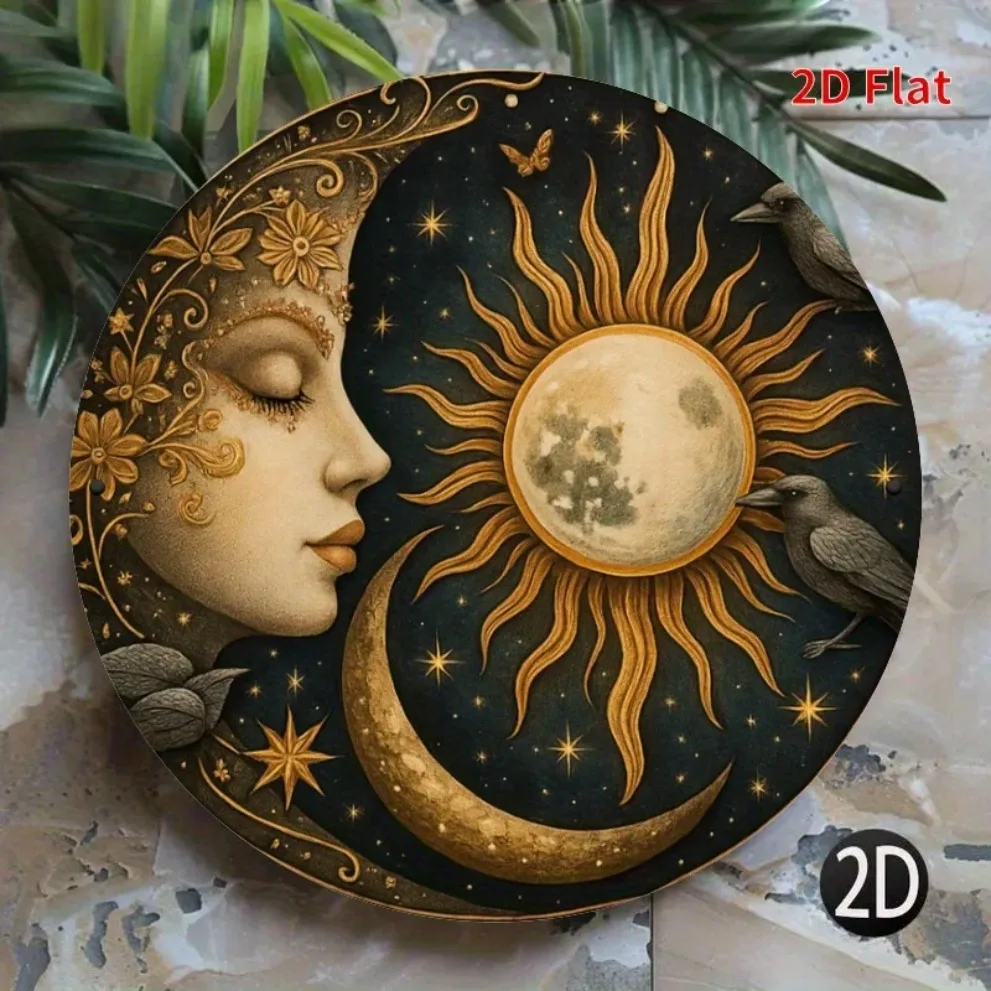 ديكور جدار الشمس والقمر السماوي مع لهجات ذهبية وأوراق خضراء، ديكور غرفة المنزل