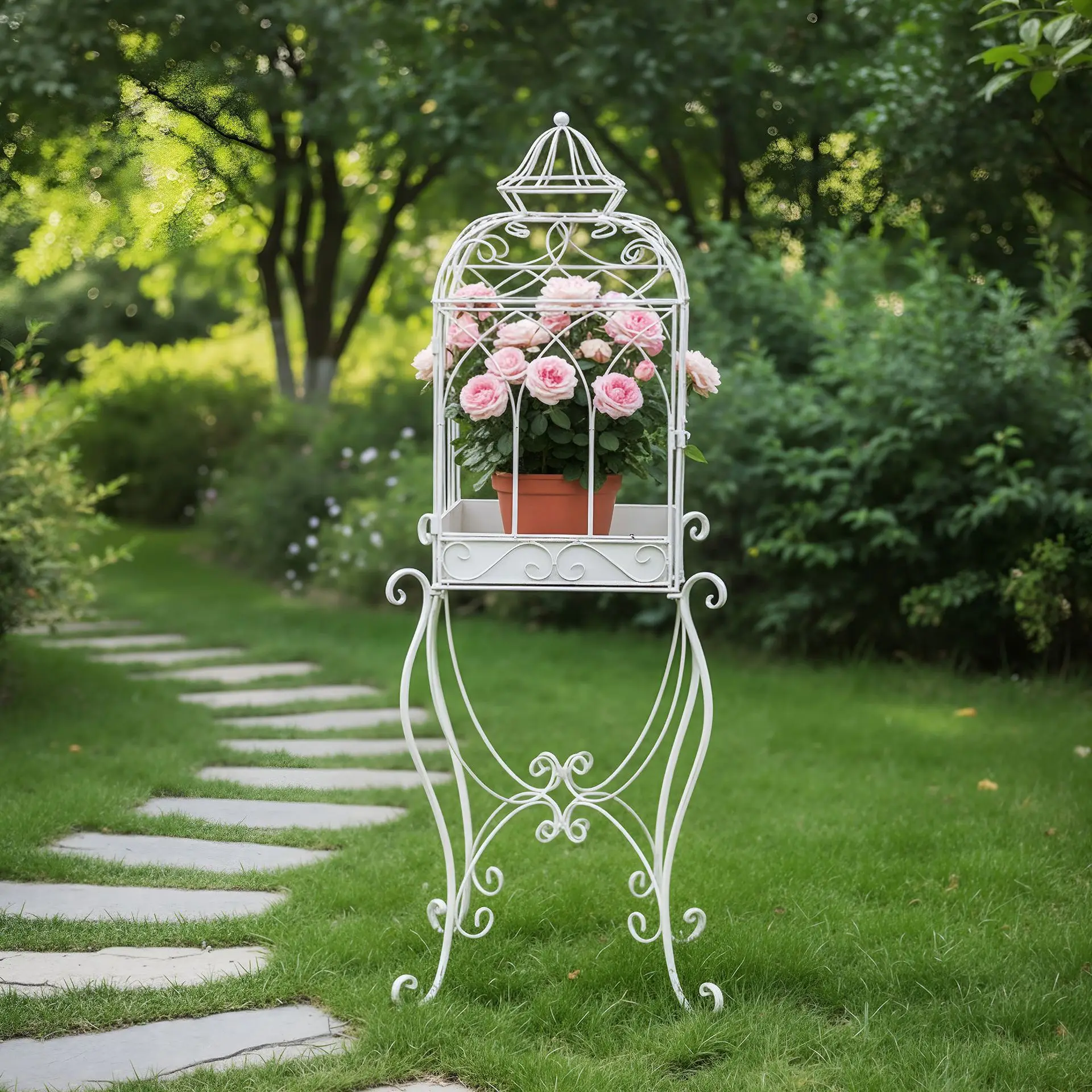 LH retro wrought iron flower stand removable balcony multi-functional storage table