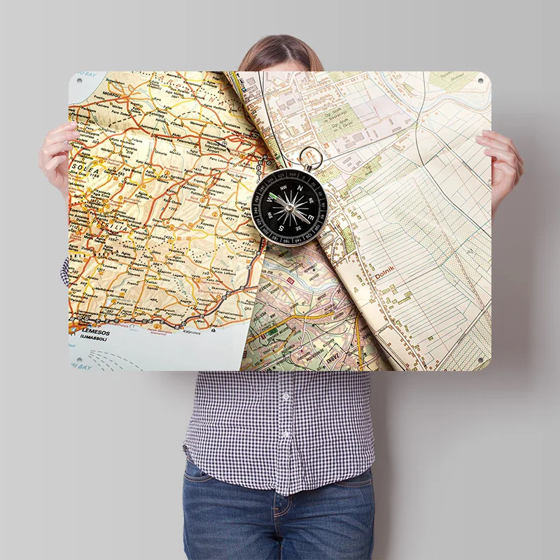 Compass on Maps 3D Texture Printed Poster Custom Vintage Metal Tin Plate Sign for Wall Art Garage Accessories Home Decor Items