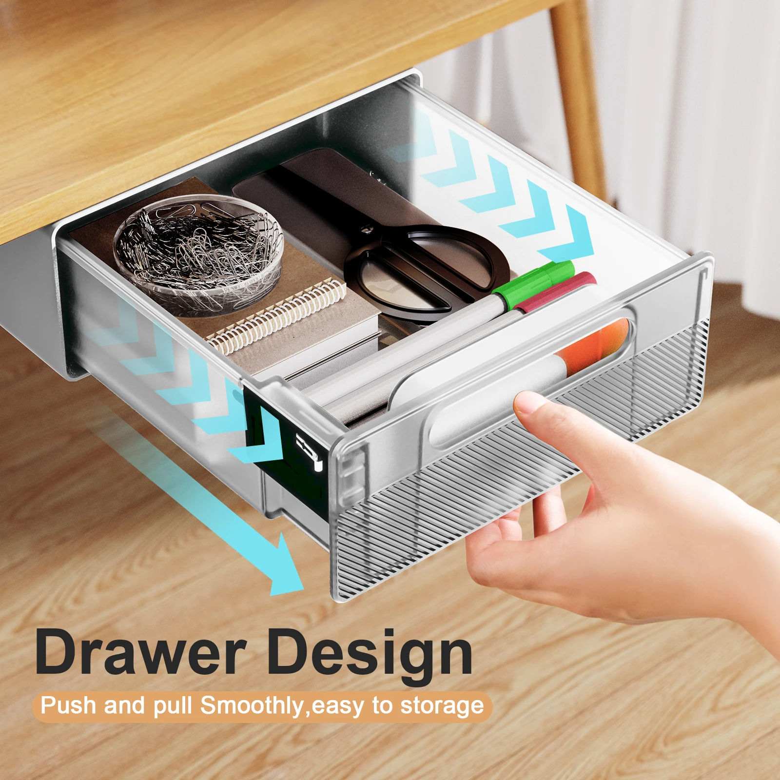 Eary Under Desk Drawer Organizer No-Punch Strong Sticky Under Table Hidden Storage Box w/ Induction Night Light Grocery Storage