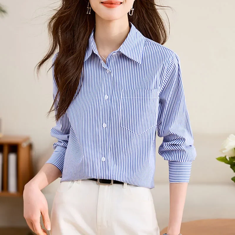 Fashion Long Sleeve Turn Down Collar Women Shirt Striped Shirt Blouse Women Tops Blouses Shirts Blusas Para Mujer Camisas N219